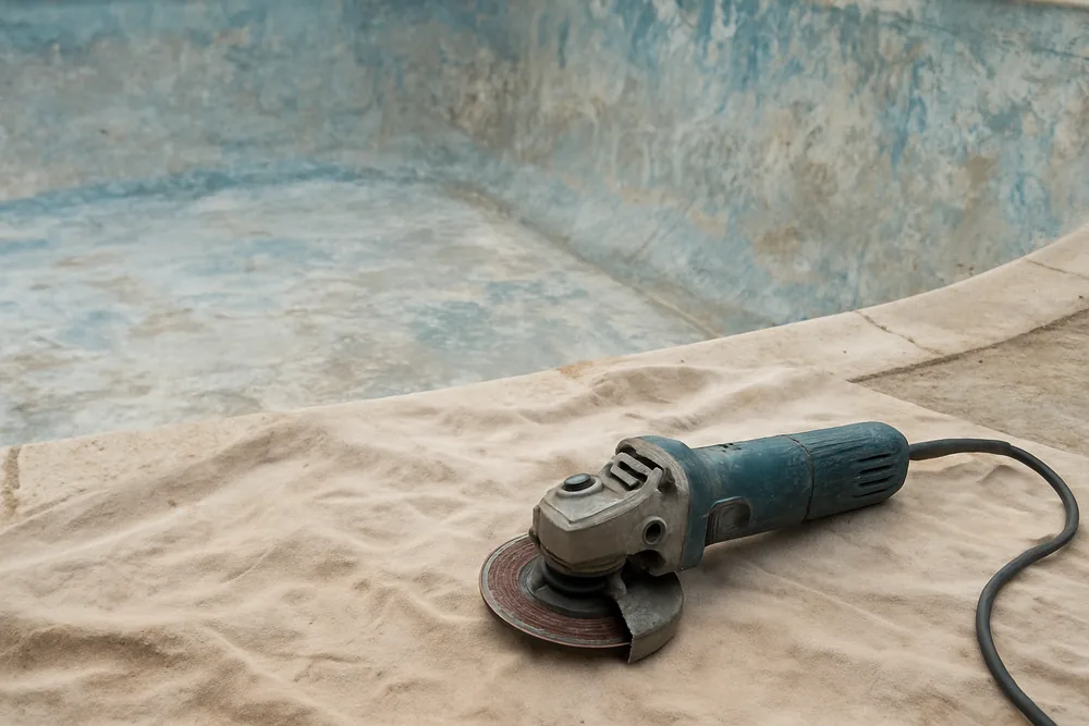 An angle grinder on a dust sheet beside the edge of a drained pool shell — does pool resurfacing need a permit, Ballarat. Illustrative example.