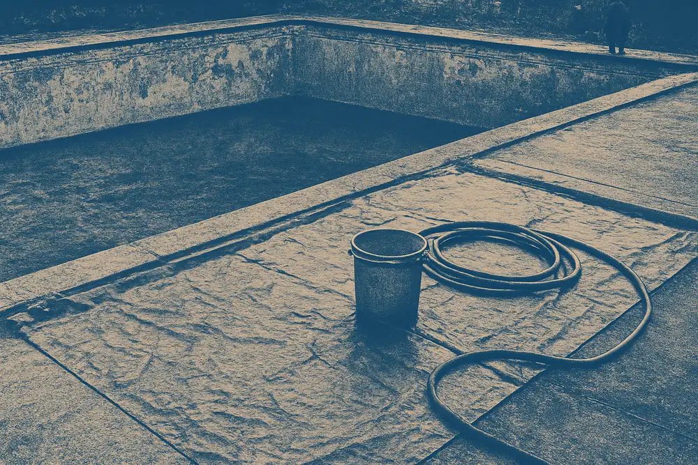 A tarp-lined wash area with a low bund beside a pool — old pool surface, dust and wastewater, Ballarat. Illustrative example.