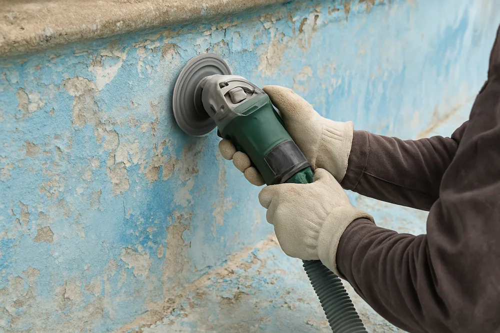 A hand grinder with a dust-extraction hose against a pool wall — old pool surface, dust and wastewater, Ballarat. Illustrative example.