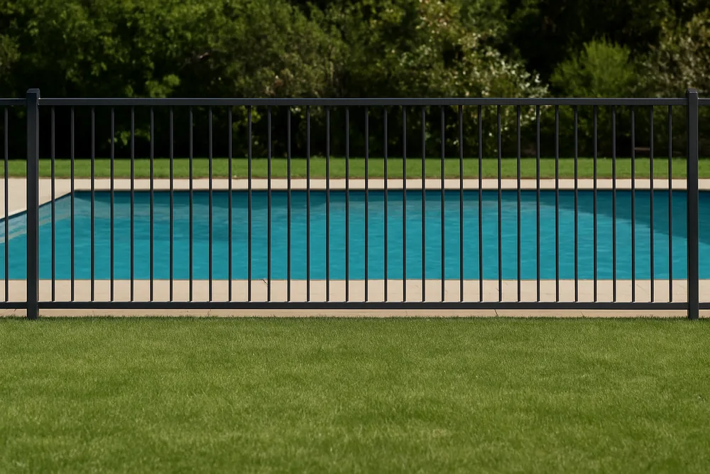 A metal pool fence running along a lawn with the pool partly visible behind it — pool registration and the barrier, Ballarat. Illustrative example.