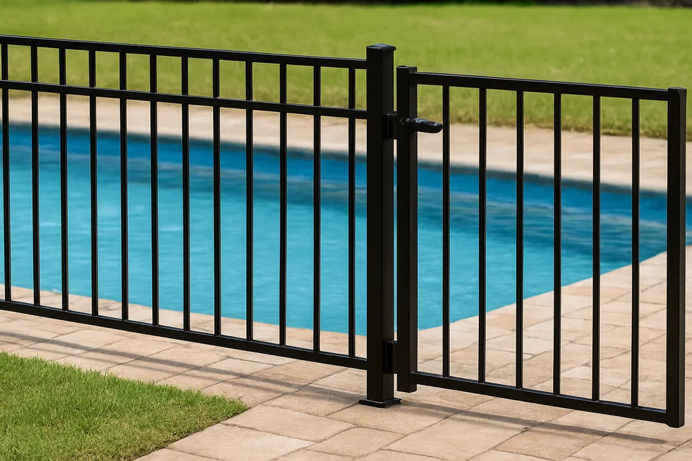 A black pool fence panel and a self-closing gate hinge on a paved pool edge — pool registration and the barrier, Ballarat. Illustrative example.