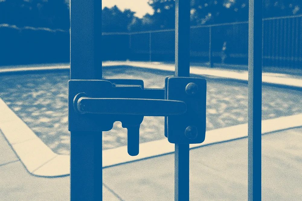 A close view of a pool gate latch and hinge — pool registration and the barrier, Ballarat. Illustrative example.