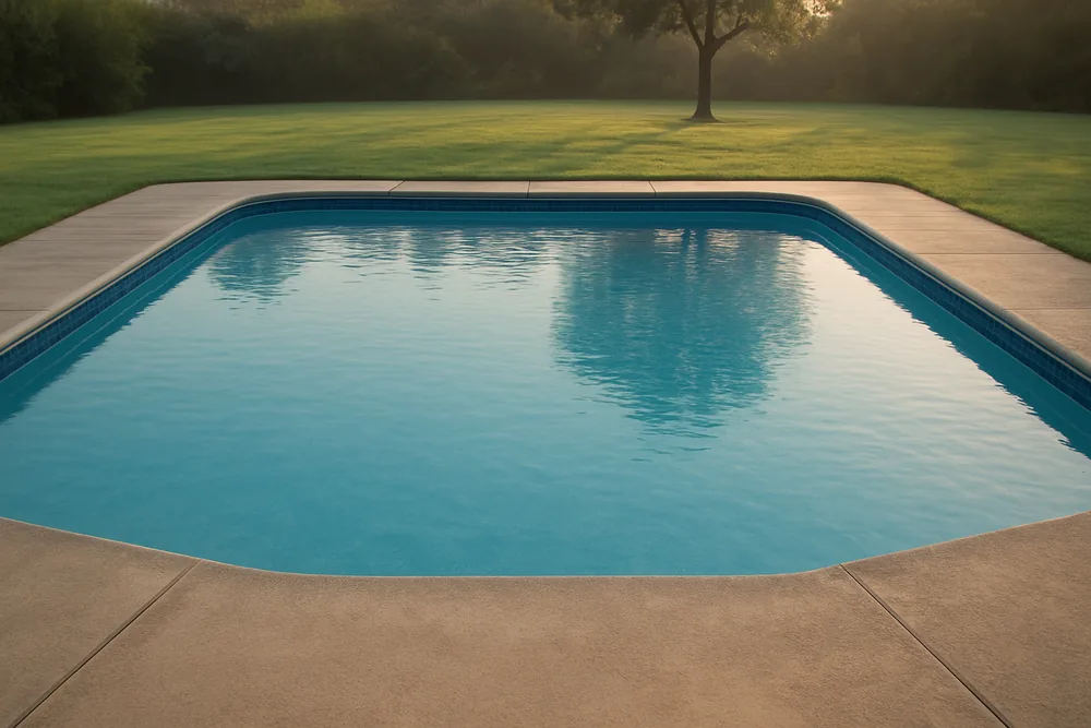 A backyard pool with calm blue water in soft morning light — pool resurfacing, Ballarat. Illustrative example.