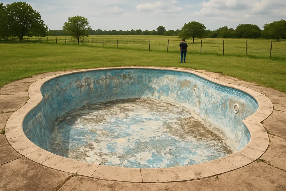 A drained backyard pool shell with a worn surface beside a paddock fence — pool resurfacing, Ballarat. Illustrative example.