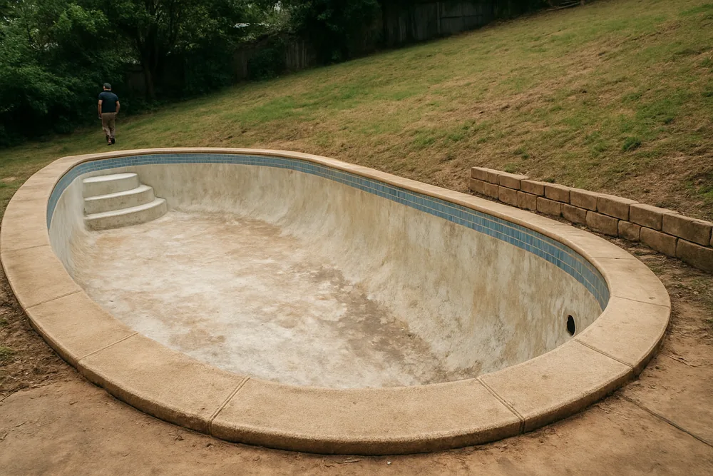 A drained pool shell with a worn surface in a sloping back yard — pool resurfacing, Ballarat. Illustrative example.