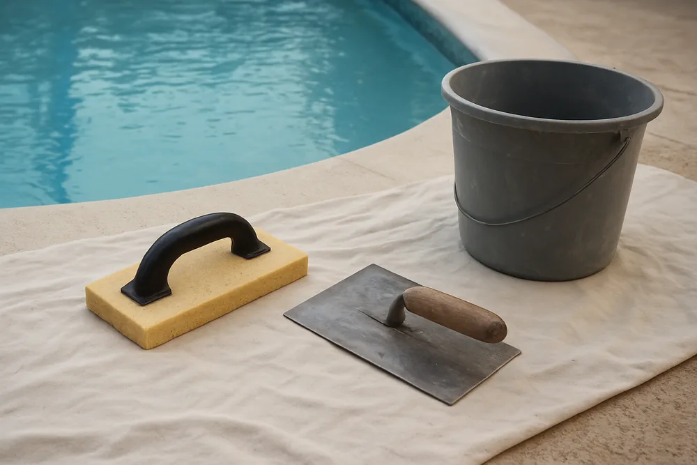 A steel trowel, a sponge float and a plastic bucket on a sheet beside a pool edge — pool resurfacing quotes and contracts, Ballarat. Illustrative example.