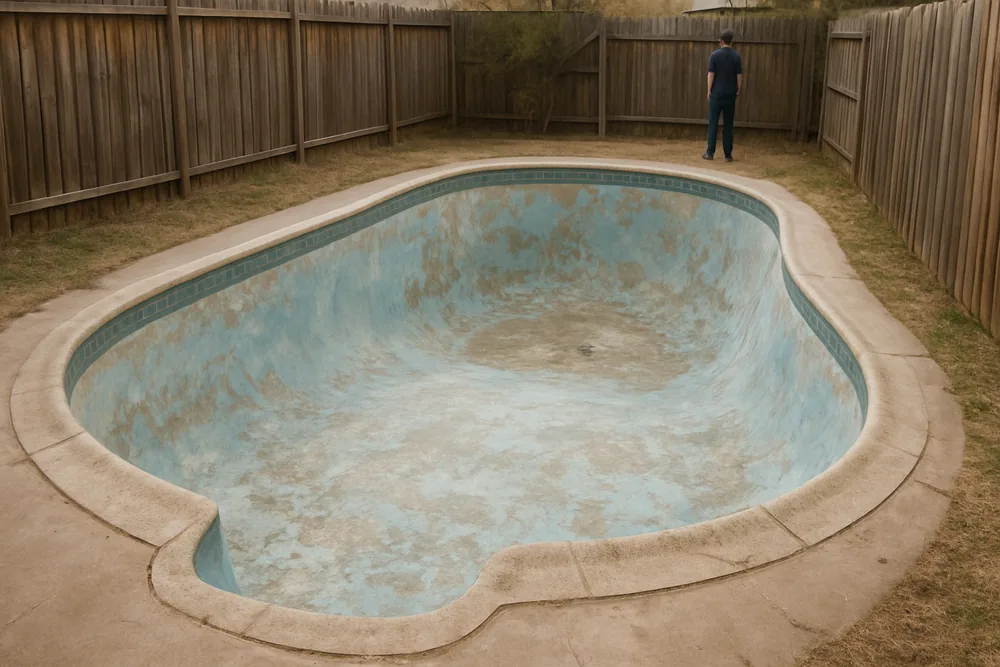 A small drained pool shell with a worn surface in a compact back yard — pool resurfacing, Ballarat. Illustrative example.